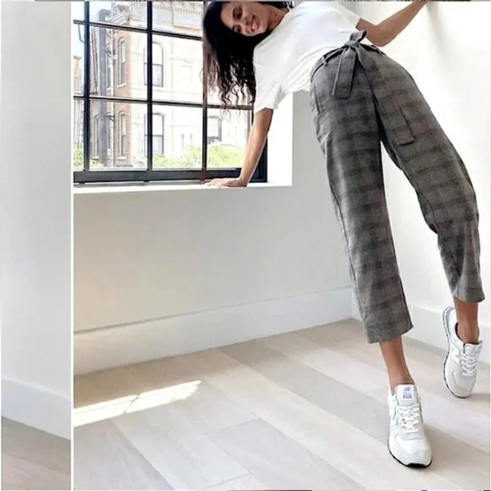Aritzia Wilfred Jallade Tie Front Wool Blend Pants Trousers Grey Plaid Size 4